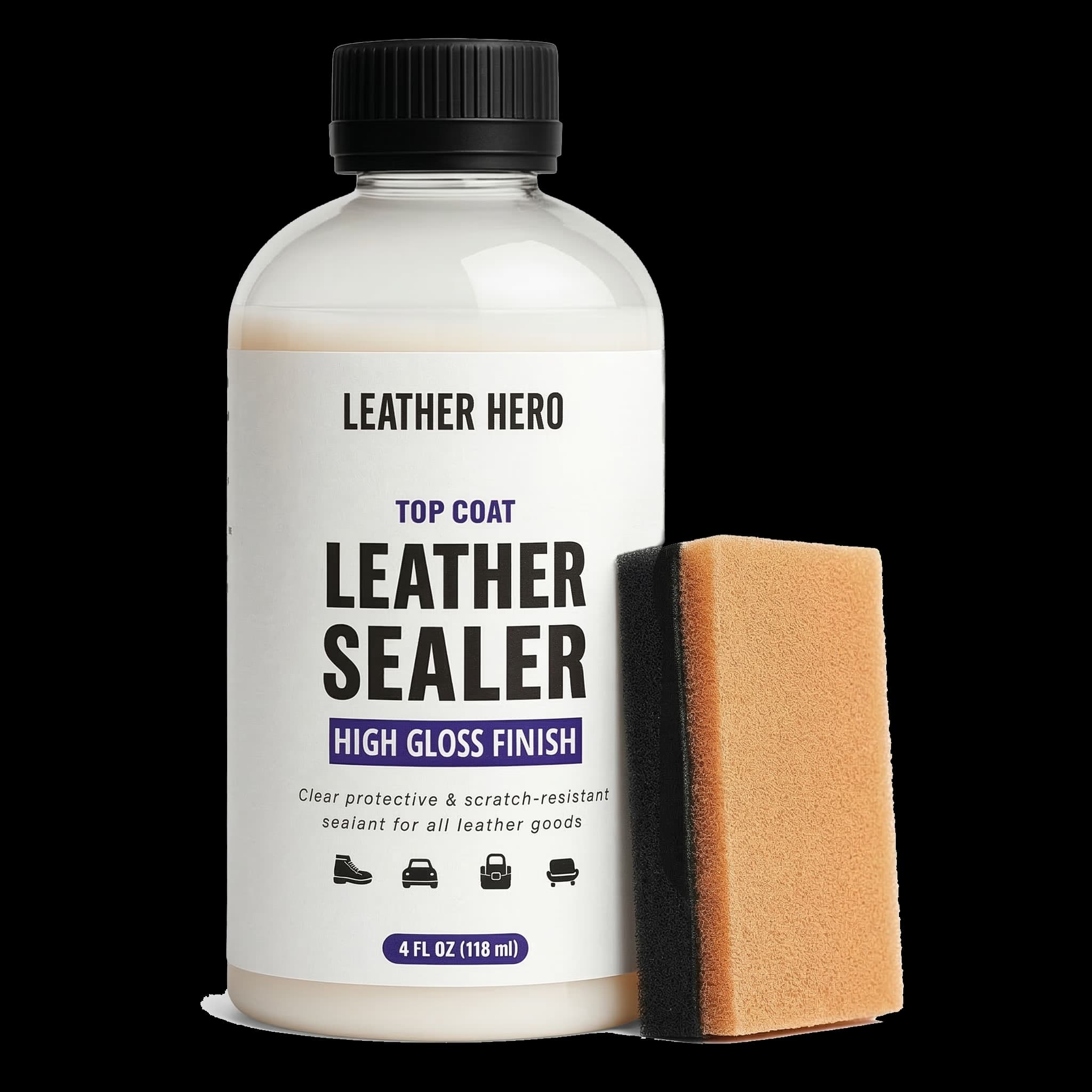 Leather Hero high gloss finish sealer for leather items with heavy sun exposure