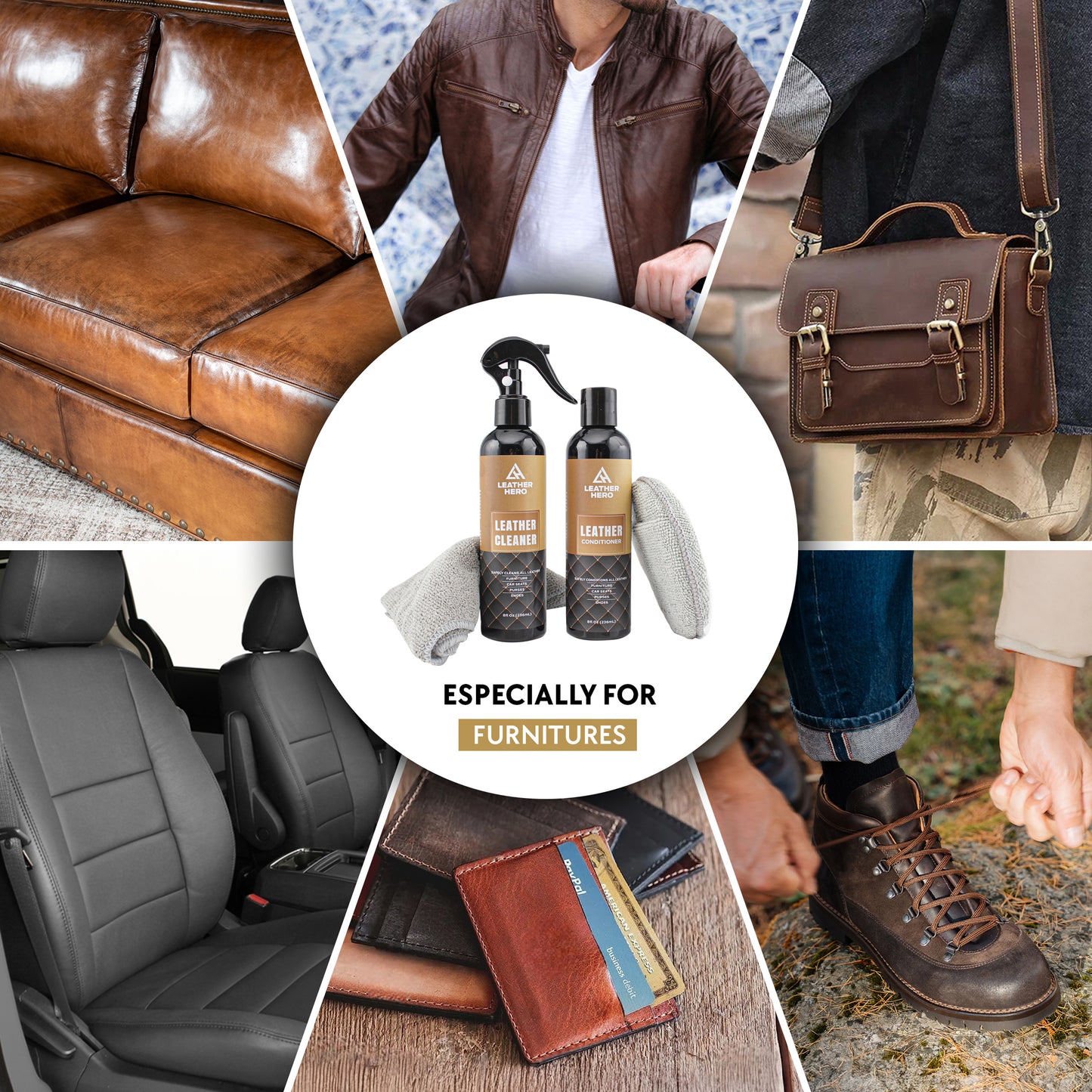 Leather Hero Leather Cleaner and Conditioner Kit – 5-Piece Set with Best Leather Cleaner for Couches, Sofas, Chairs, Furniture, and Car Interiors