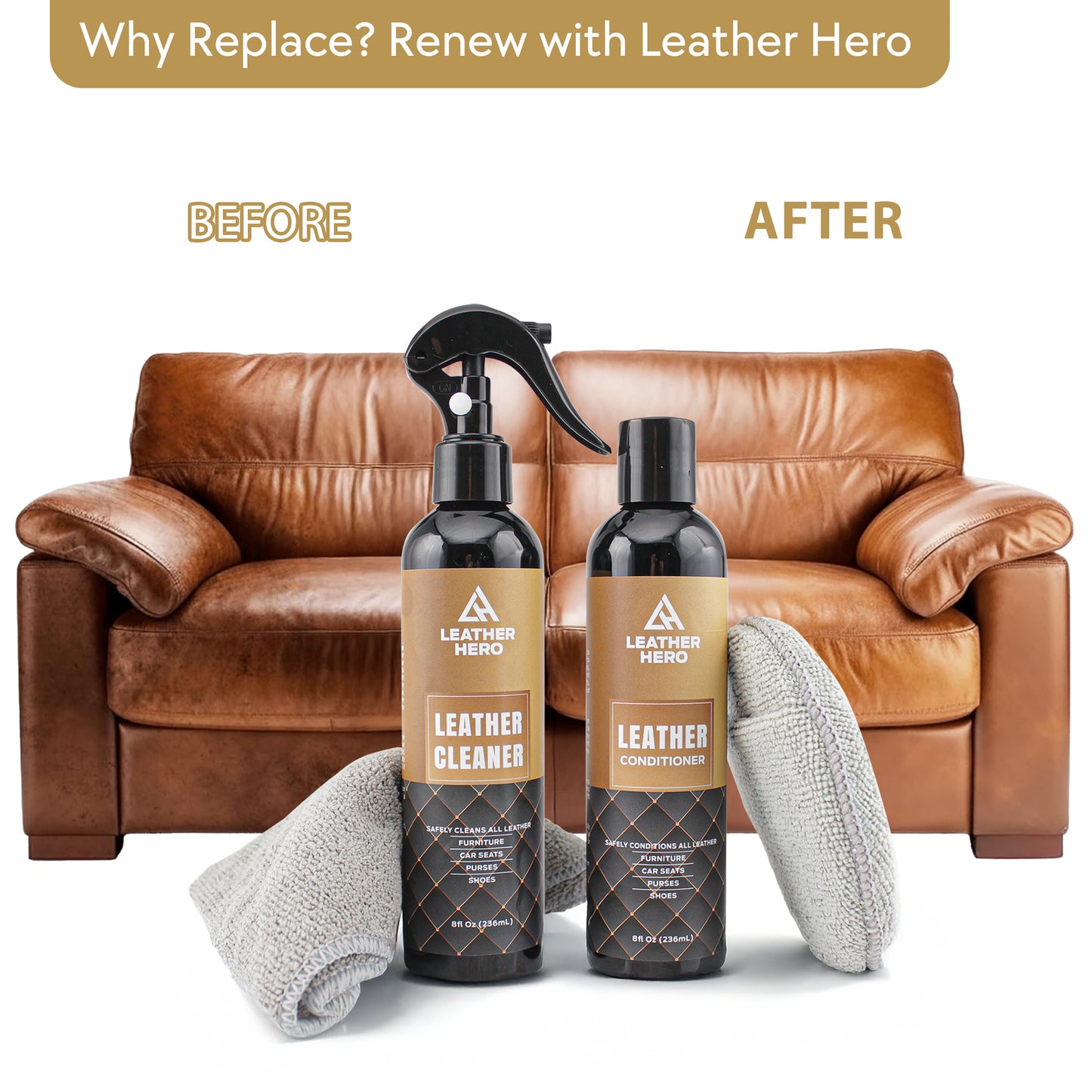 Leather Hero Leather Cleaner and Conditioner Kit – 5-Piece Set with Best Leather Cleaner for Couches, Sofas, Chairs, Furniture, and Car Interiors